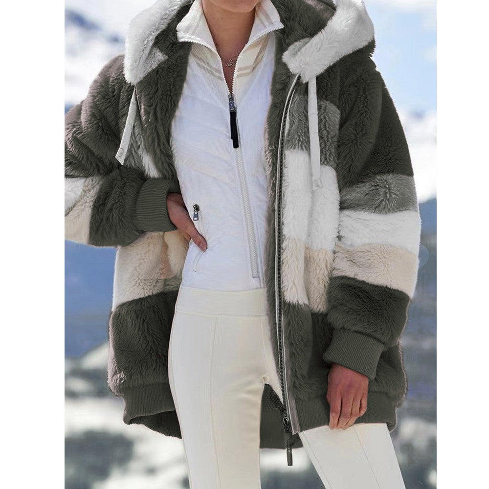 Winter Fashion Women's Coat 2025 Hooded Zipper Ladies Jacket Spliced Thick Cashmere Women Jacket Stitching Plaid Ladies Coats