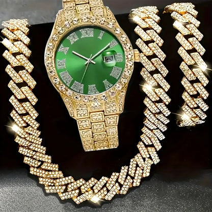 4pcs/set Mens Bling Wrist Watch & Hip Hop Cuban Chain Necklace Set - Rhinestone Accented, Round Dial, Electronic Quartz Movement