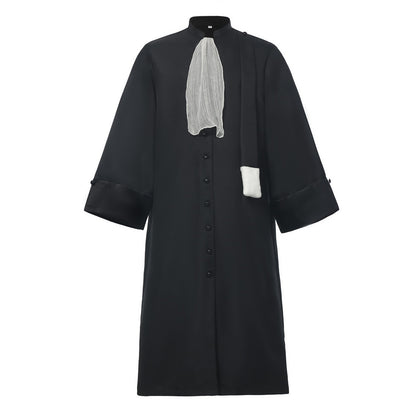 Barrister Robe Medieval Lawyer Costume with Pleated Jabot Collar Clergy Choir Robe Vintage Priest Cosplay Outfit