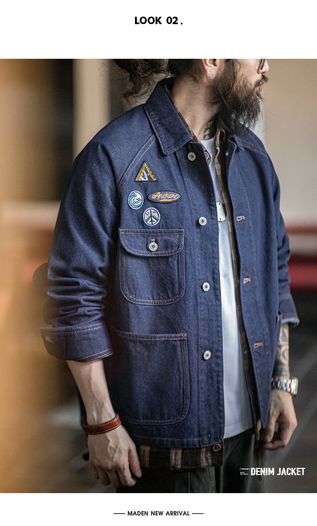 Maden Vintage 12.8oz Heavyweight Denim Jacket Embroidered Badge Washed Lapel Casual Outerwear for Men Spring and Fall Chore Coat