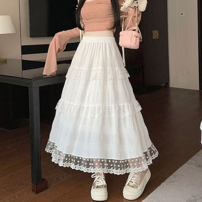 Summer Autumn Women Long Skirts Vintage High Waist Elastic Lace White Chic Long Cake A Line Skirt