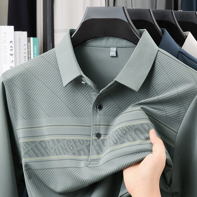 TFETTERS Elegant T Shirt for Man 2025 Spring Autumn Tops Long Sleeve Turn Down Collar Graphic Smart Casual T-shirt for Men