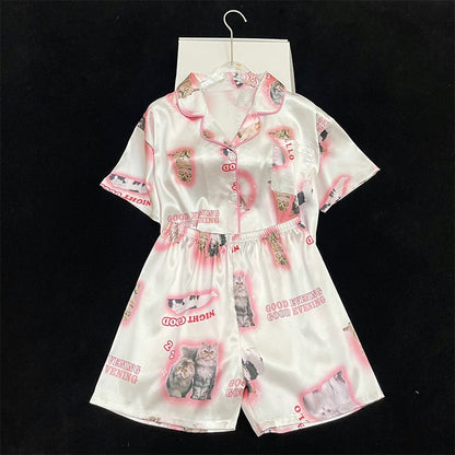 Romantic Women Nightwear Cute Cat Print Short Sleeve Shorts Thin Pajamas Women Cardigan Breathable Student Homewear 2 Piece Set
