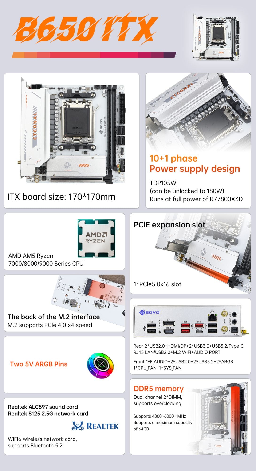 Placa-Mãe Mini SOYO B650ITX AMD AMD Ryzen AM5 DDR5 Suporta Processadores CPU 7000 8000 9000 Pcie5.0x16 Pcie4.0x4 M.2 ARGB WIFI6