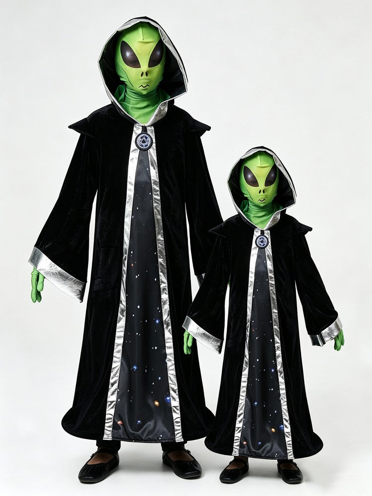 Adult Child Alien Wizard Cosplay Costume Starry Sky Hooded Cape Green Gloves Mesh Mask Perfect Halloween Parties Space Adventure