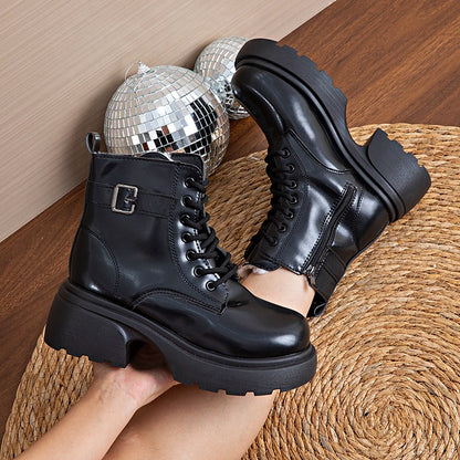 Brown Retro  Boots For Women British Style2025Autumn And Winter New Thick-Soled Height-Increasing Short Boots With