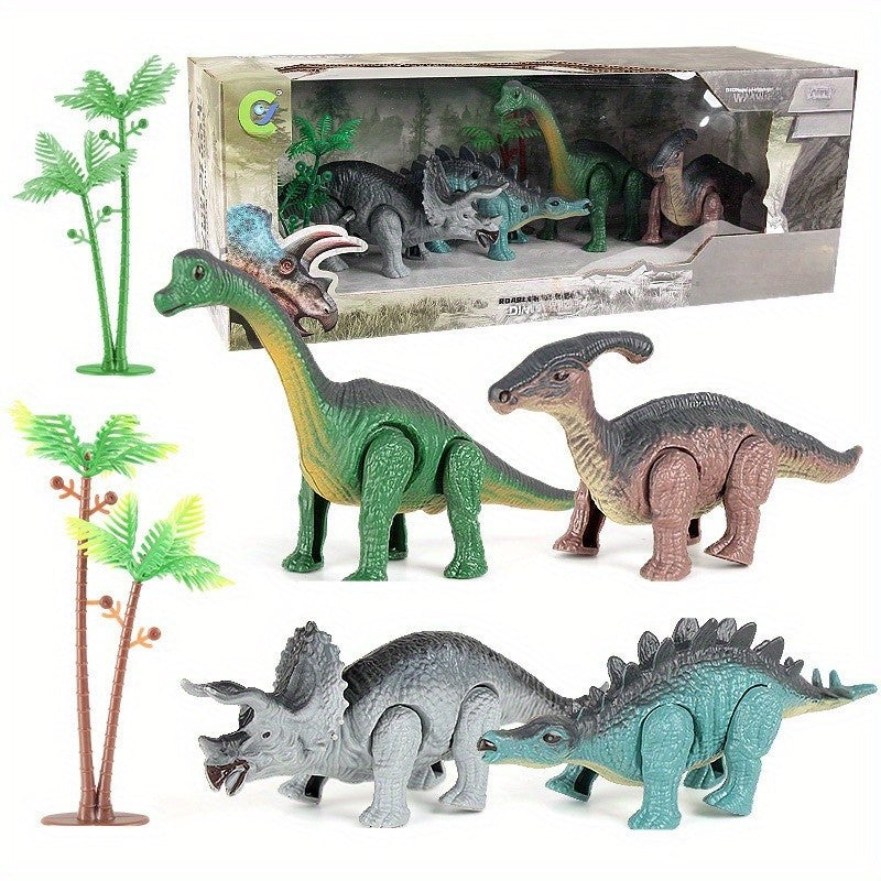 Um conjunto de presente de brinquedos de dinossauro, brinquedo de animal mecânico que anda automaticamente quando ativado. Presente de aniversário para crianças.