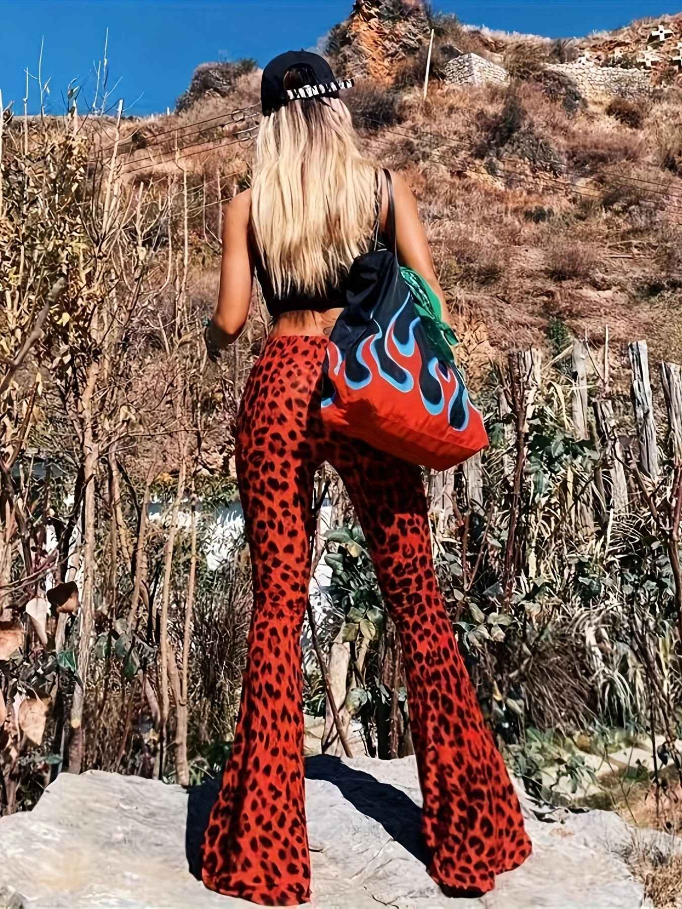 New High Waist Leopard Print Flare Pants Women's Stretchy Casual Streetwear Tummy Control Bootcut Trousers Elastic Waistband