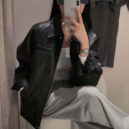 Sli Loose PU Leather Jaet Women's Chic Retro Collar Versatile BF Sle Motorcycle Clothes Trendy Long Sve Zipper