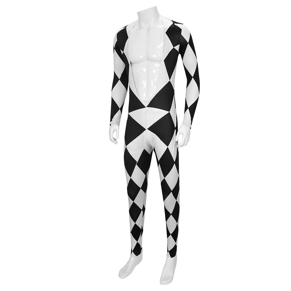 Freddie Mercury - Queen Harlequin Cosplay Costume Unitard Black and White Diamond Bodysuit with attached feet for Men