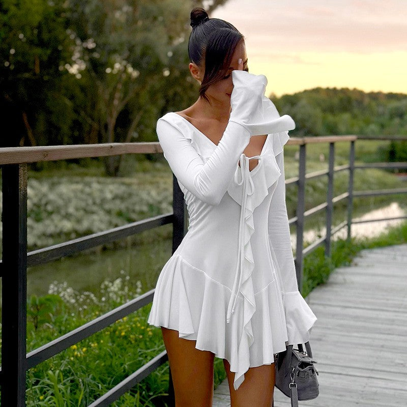 Ruffled Lace-Up White Mini Dress Women's V-Neck Patchwork Long Sleeve Sexy Slim