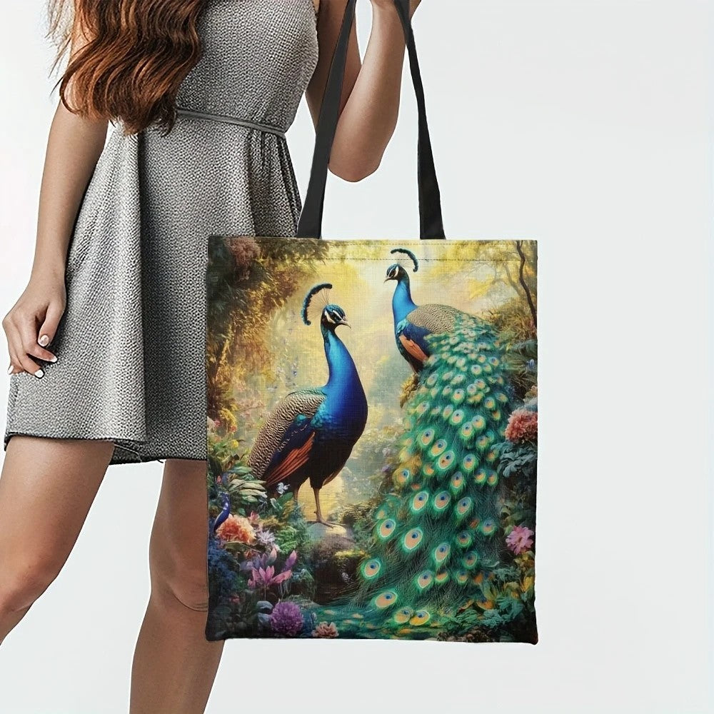 1pc Vibrant Peacock Pattern Tote Bag - Lightweight, Durable Polyester with Fixed Shoulder Straps, Ideal for Grocery Shopping