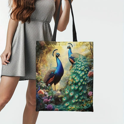 1pc Vibrant Peacock Pattern Tote Bag - Lightweight, Durable Polyester with Fixed Shoulder Straps, Ideal for Grocery Shopping