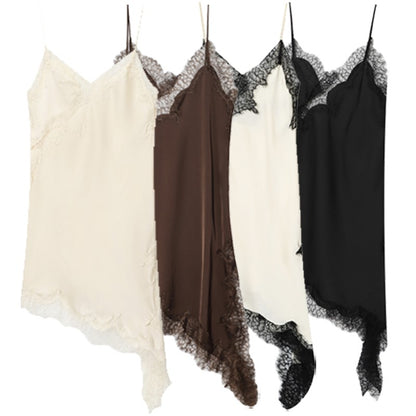 HXAO Womens Dresses Lace Asymmetric Slip Dress Summer 2025 Sexy Evening Dresses Ladies Mini Brown Sleeveless Backless Vestidos