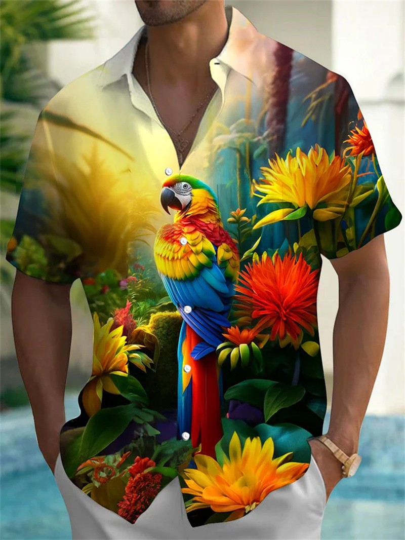 Summer Parrot 3D Printed Shirt Men's Fashion Shirt Single breasted Short sleeved Hawaiian Shirt Men's New Style