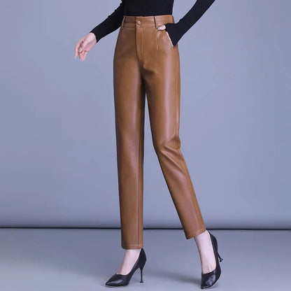 2023 Spring Autumn Sheepskin Pants Women High-waist Straight Pants Slim Lady Genuine Leather Casual Trousers Ankle-Length Pants