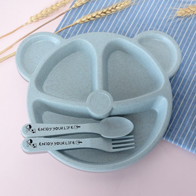 3-Piece Cute Divided Dining Plate for Children's Bowls Solid Color Fork Spoon Sucking Tableware Set with Wheat Material