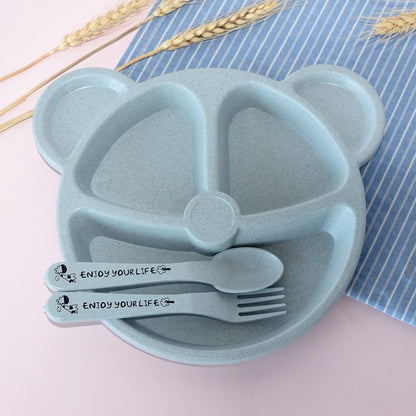 3-Piece Cute Divided Dining Plate for Children's Bowls Solid Color Fork Spoon Sucking Tableware Set with Wheat Material