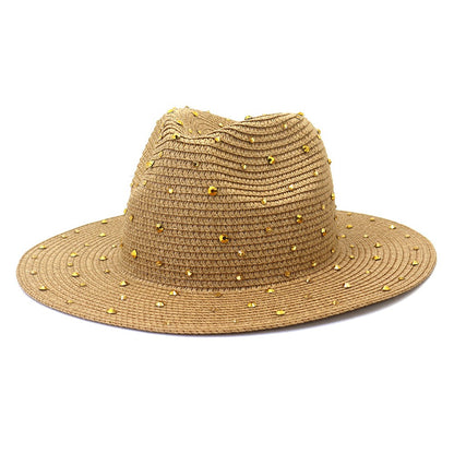 Hand made Diamond Straw Hat For Women's Summer Wide side Jazz Dress Cap Holiday Sun Protection Beach Hats