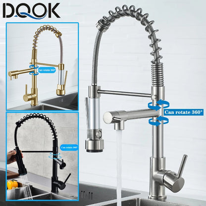 Torneira Misturador de Cozinha DQOK Preta Escovada de Mola com Ducha e Água Quente e Fria e Bico Duplo para Montagem em Deck