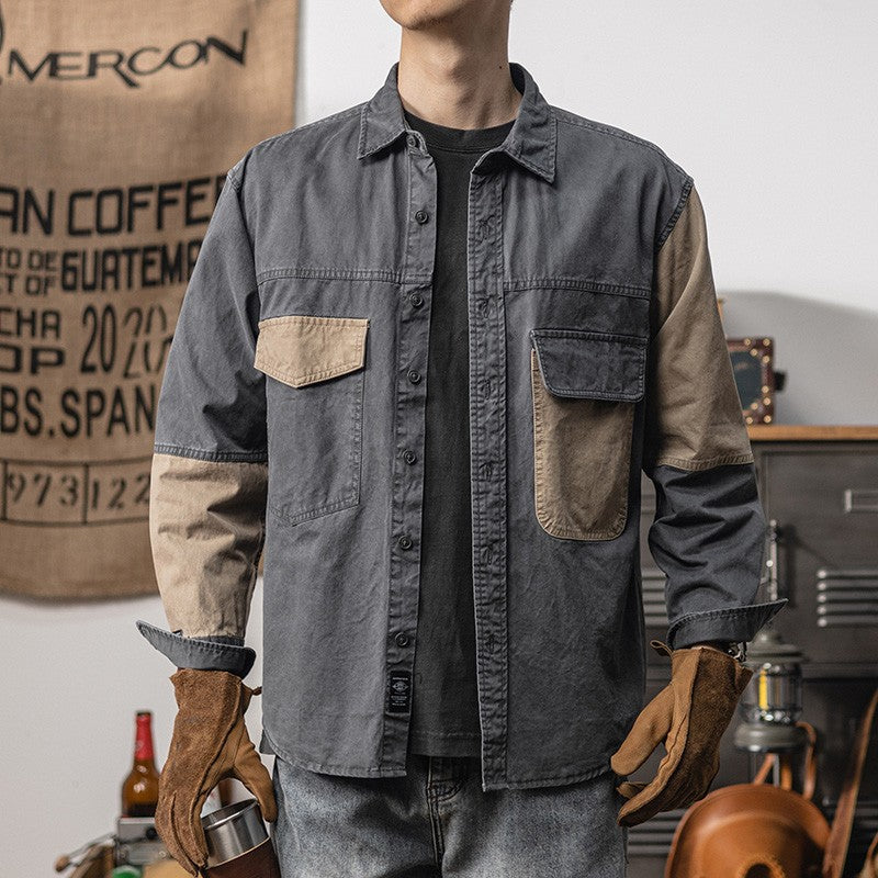 Spring and autumn new American vintage khaki loose long-sleeved shirt Japanese casual cargo shirt men's patchwork trend top