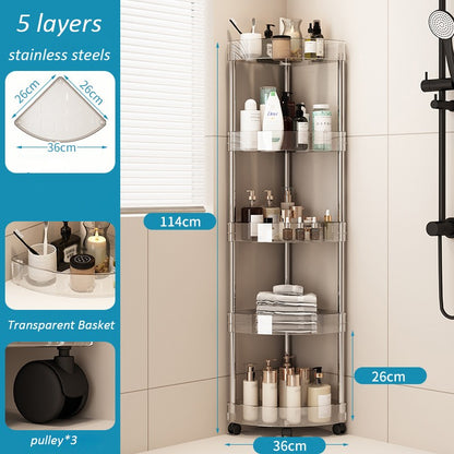 Fashion Rack Multi-Layer Transparent Bathroom Shelf Washbasin Storage Trolley Easy-Move Corner Space-Saving Toilet Rack