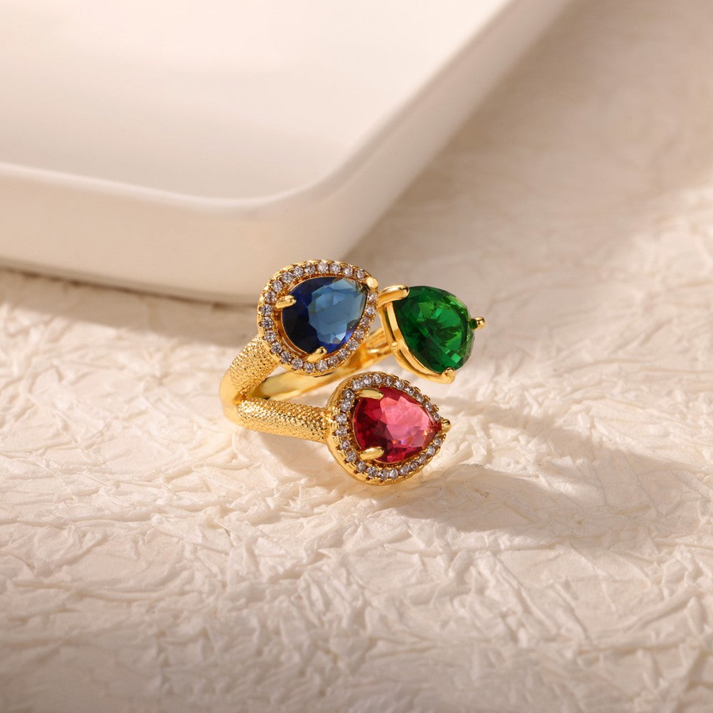 Anéis de Luxo em Aço Inoxidável Banhado a Ouro Pedra Colorida Zircônia Cristal Coração Anel Feminino Casamento Joias Boho Presente de Natal