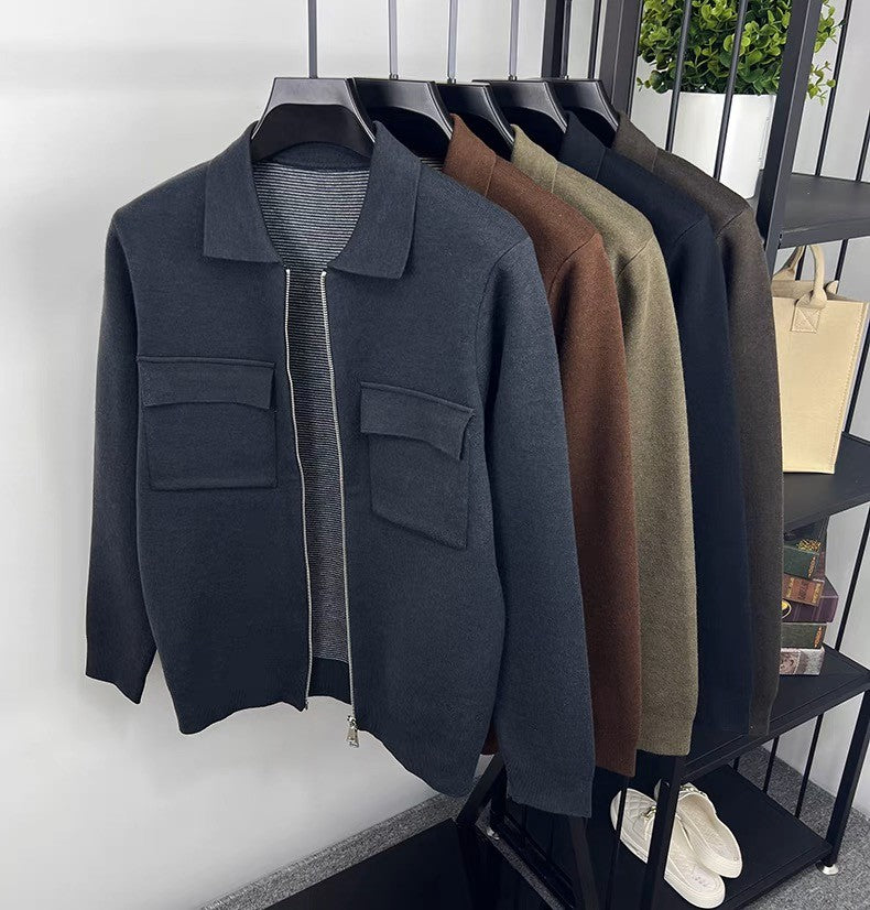 Premium Zipper Collar Wool Cardigan Men's Casual Coat Autumn/Winter Luxury Pocket Design Solid Color Casual Warm Sweater Jacket