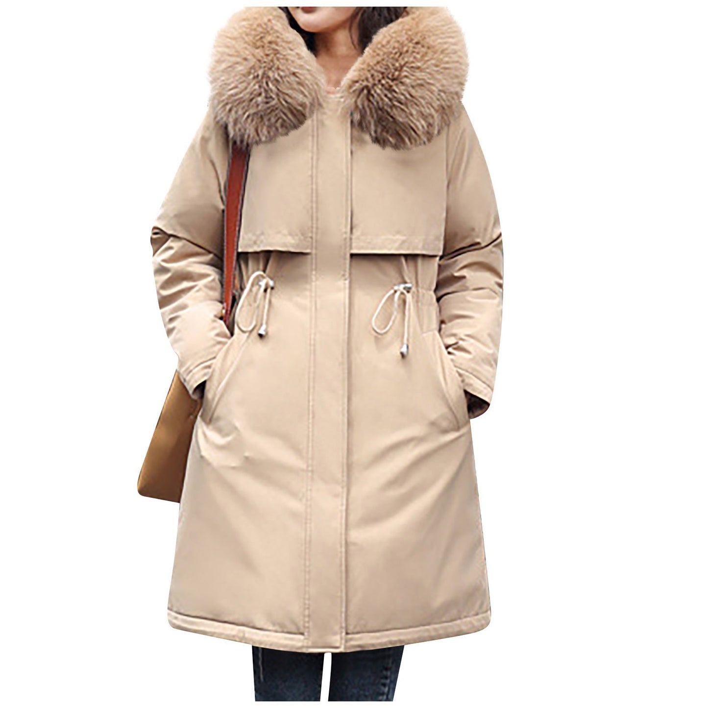 Ladies' Casual Warm And Versatile Large Fur Collar Solid Color Thick Cotton Coat Jacket For Outdoor Daily Wear