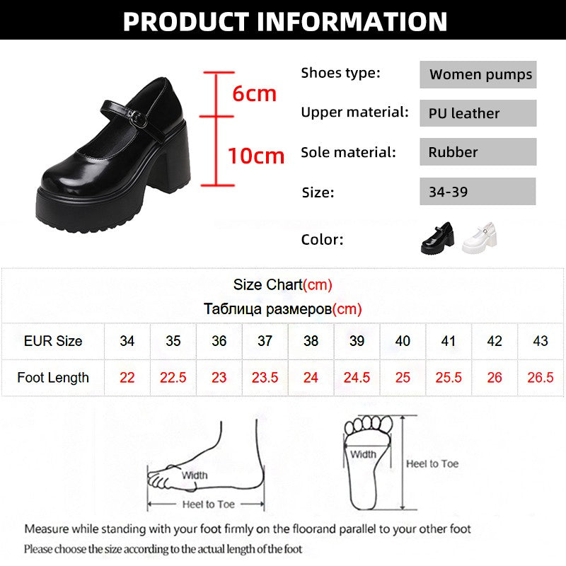 Sapatos femininos com salto plataforma grosso e alto, estilo Mary Jane, em couro PU, fivela no tornozelo, salto grosso, brancos, estilo Lolita, outono 2023