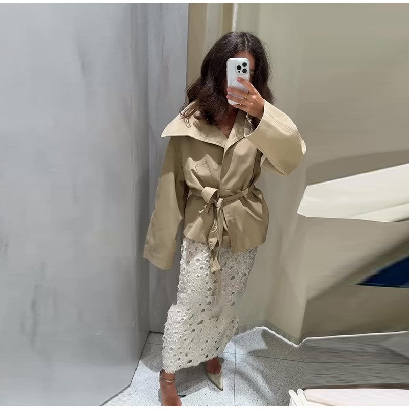 Belted Waist Cropped Trench Double Breasted Stand Collar 2025 Autumn Chic Elegant Women Coat Casual Vintage Office Lady Jacket