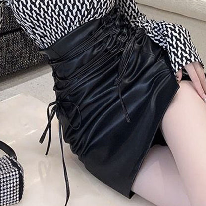 Black Leather Mini Skirts Women Gothic High Waist Slim Fit Lace Up Pencil Skirt Female Sexy Club Back Zipper Split Bag Hip Skirt