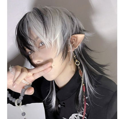 OLACARE Perucas Curta Mullet com Franja Sintética Reta Anime Masculina Preto Branco Cinza Verde Peruca de Cabelo para Festa Diária Cosplay