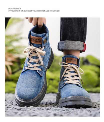 Retro blue men's denim boots, lace-up thick-soled boots, men's ankle boots, casual men's work shoes, Botas Hombre, size 48