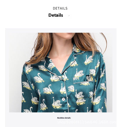 Printed Pure Silk Long Sleeve Pajamas Button Down 100% Mulberry Silk Pijamas Suit Women's Homewear Sleepwear 2 Piece Pajama Set