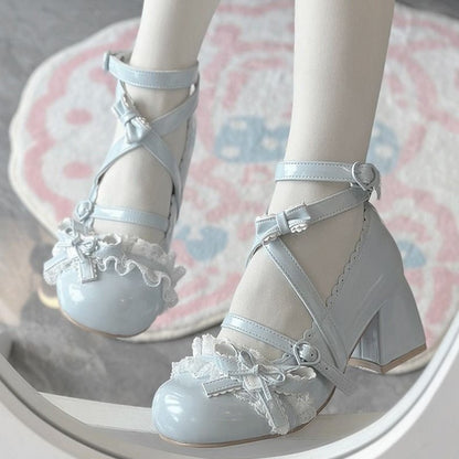 Sapatos de salto alto Lolita vermelhos, sapatos de salto grosso de renda para primavera e outono, sapatos de couro envernizado Mary Jane para mulheres
