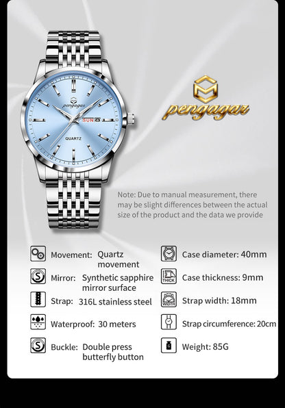PENGAGAR Luxury Watch For Man Waterproof Luminous Date Week Stainless Steel Men Watch Casual Quartz Men's Watches Male Clock+box