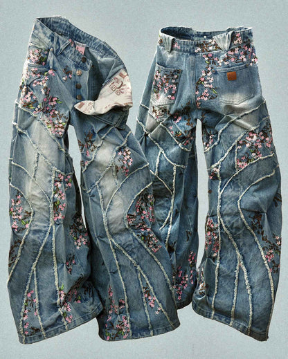 Streetwear Vintage Dragon Fight Embroidered Jeans Y2K Men Women Vintage Inspired Washed Baggy Jeans Mid Rise Wide Leg Trousers