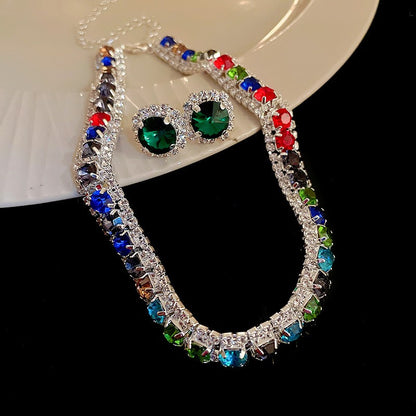 Conjunto de Joias Femininas com Colar de Luxo Verde Strass Brincos de Cristal Gargantilha Colares para Casamentos e Banquetes