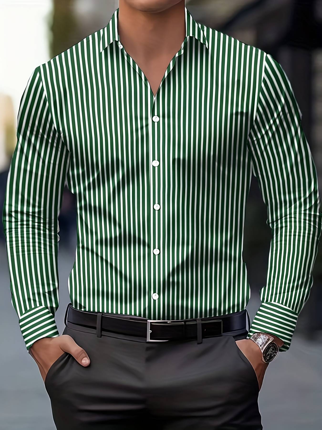Men's Business Casual Shirt-Button-Up Long Sleeve Formal & Everyday Office Shirt Horizontal Stripes -Seasonal Fashion