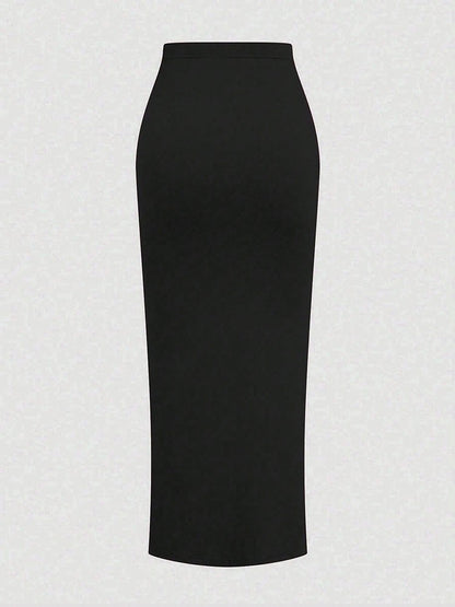 New French High-Waist Retro Knitted Ruched High-Slit Midi Skirt Black Versatile Slim Plus Size Female Clothing Elegant Party