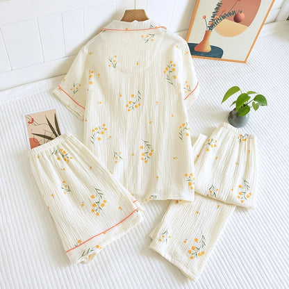 New summer women's cotton crepe three-piece short sleeve + shorts + trousers large size simple flower pajamas home service suit