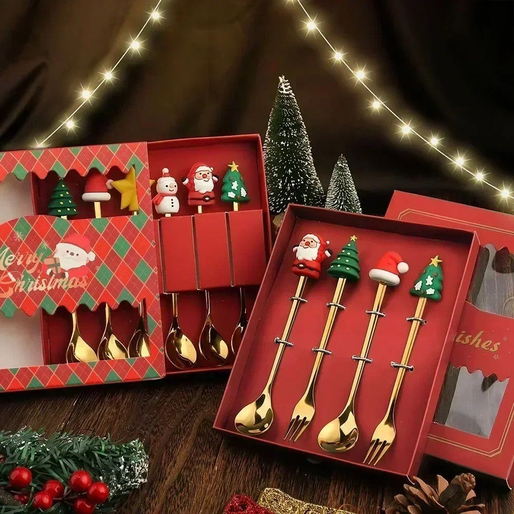 Christmas Cutlery Set Elk Dessert Scoop Fruit Fork Coffee Spoon Stainless Steel Dessert Fork 4/6PCS Christmas Spoons Fork Set