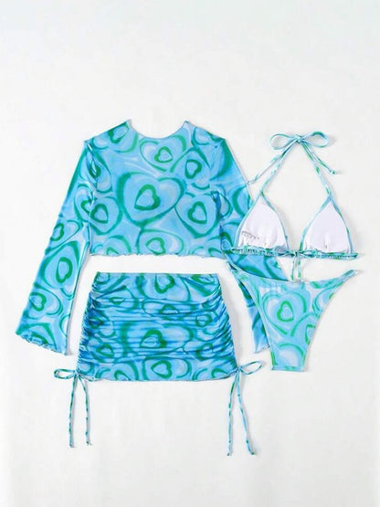 Women Bikini 4 Piece Set Tie Dye/Mesh Lace Long Sleeved Top Skirt Bottom Halter Bikini 2025 New Sexy Slim Beachwear Size S-XL