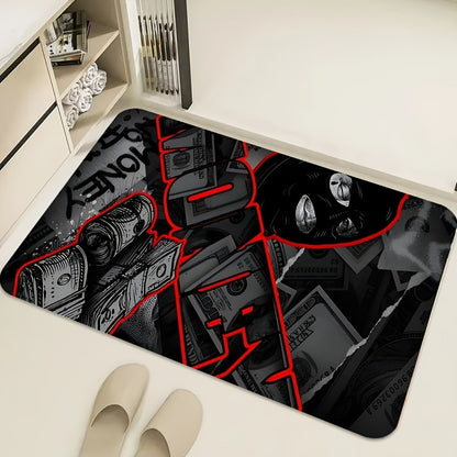 Stylish Money Design Doormat - Red and Black Pattern for a Modern Home Entrance, Perfect for Adding an Edgy Touch to Your Decor