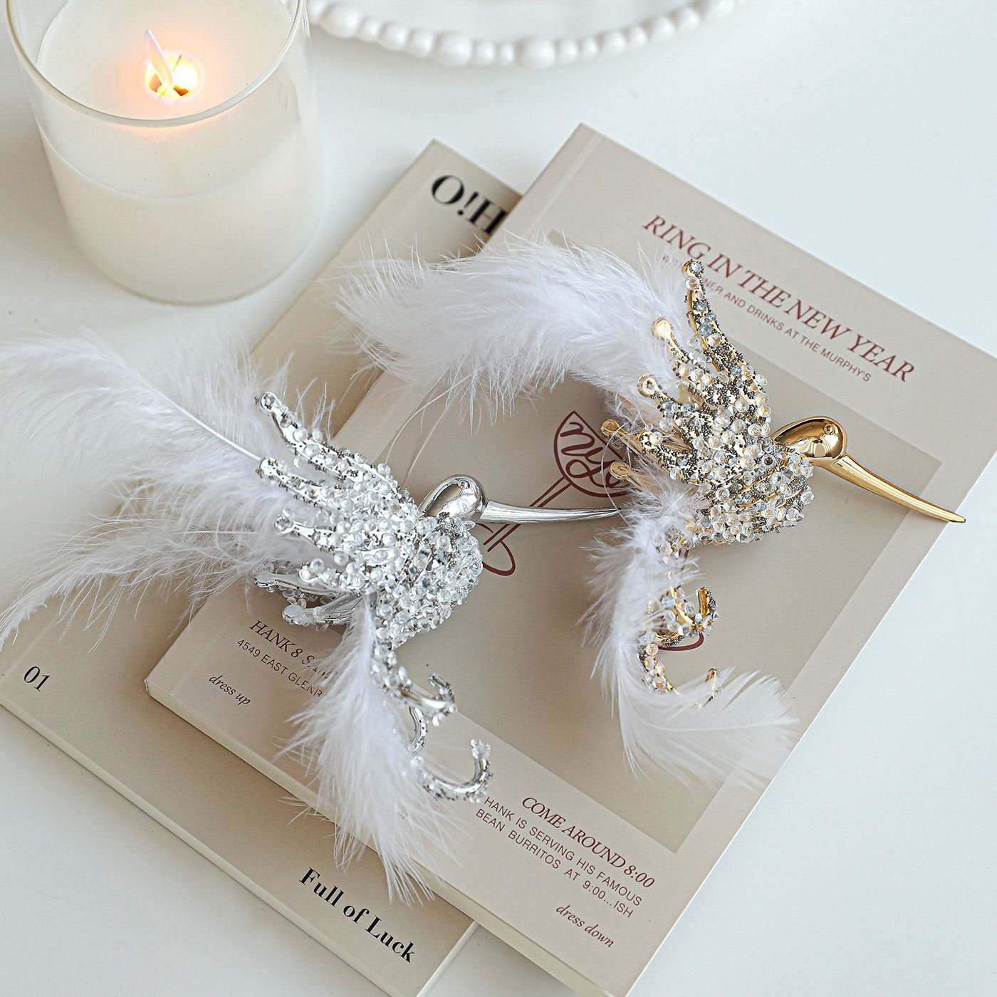 1PC Gold/Silver Artificial Hummingbird Pendant With Feather Glitter Bird Christmas Tree Ornament 2026 New Year Decorations