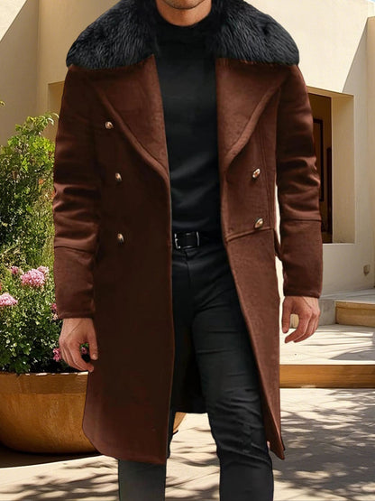 Men s Classic Double Breasted Trench Coat with Removable Fur Collar Mid-Length Wool Blend Overcoat for Winter Warmth