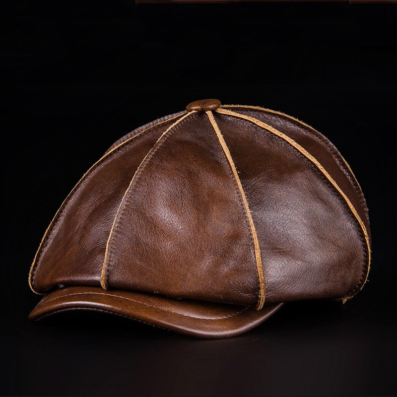 Men's Genuine Leather Warm Octagonal Cap Elegant Adjustable Newsboy Beret Cowhide Tongue Cap