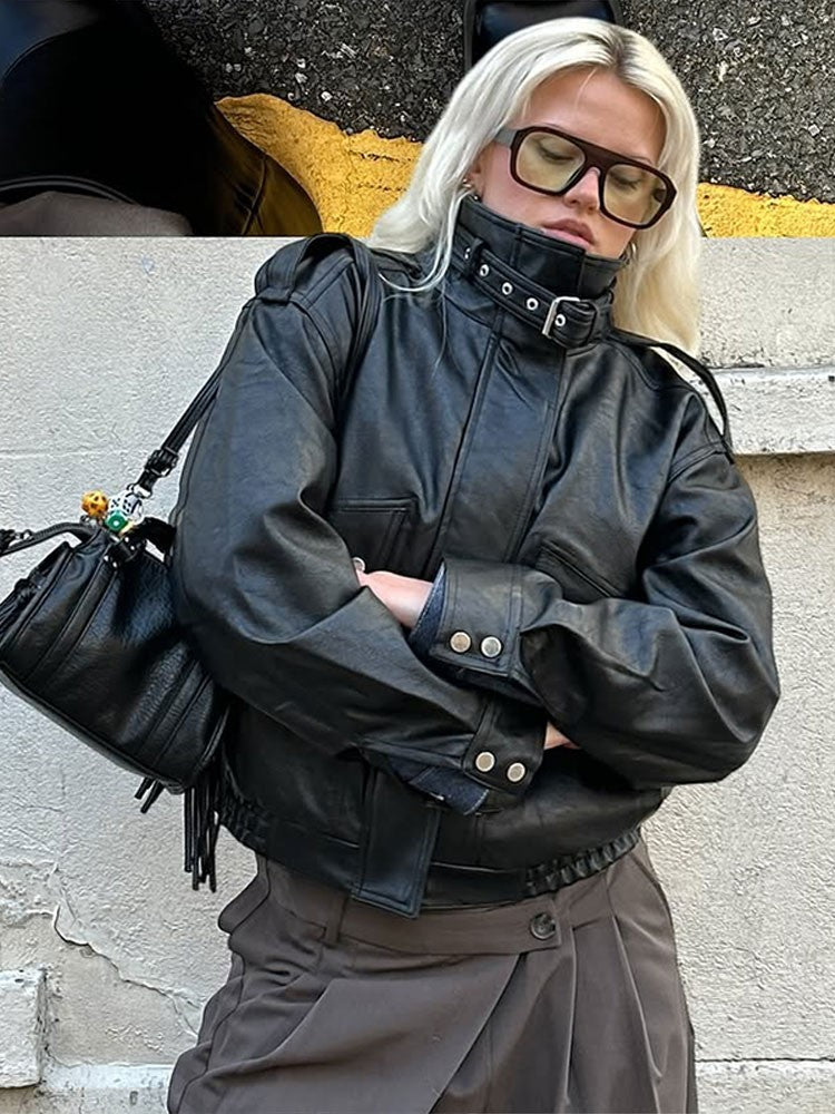 Fashion PU Leather Stand Up Coat for Women Casual Long Sleeve Zipper Lady Jackets 2025 Autumn New Female Outerwear High Street