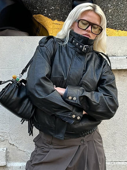 Fashion PU Leather Stand Up Coat for Women Casual Long Sleeve Zipper Lady Jackets 2025 Autumn New Female Outerwear High Street